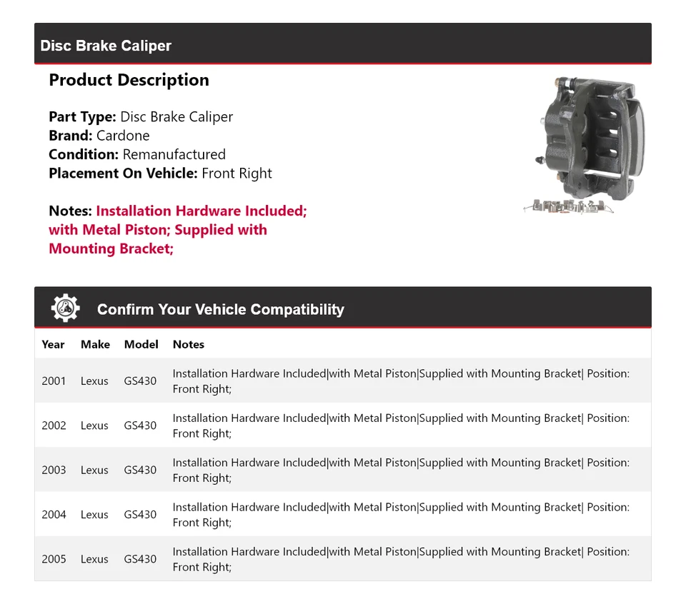 Суппорт переднего правого дискового тормоза Cardone для Lexus GS430 2001-2005 годов выпуска 2002 2003 2004 годов выпуска - Изображение 2 из 4