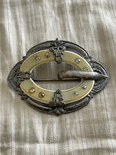 Vintage Silver Color Brooch Pin with Round Clear Crystals and Yellow Detail