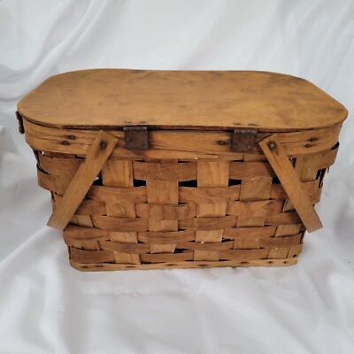 Antique Wooden & Rattan Large Rustic Picnic Basket Early To Mid