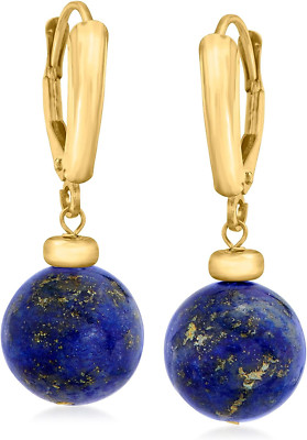 Trendy Dark Blue Lapis 10K Solid Gold Leverback Drop Earrings Dangle Jewelry