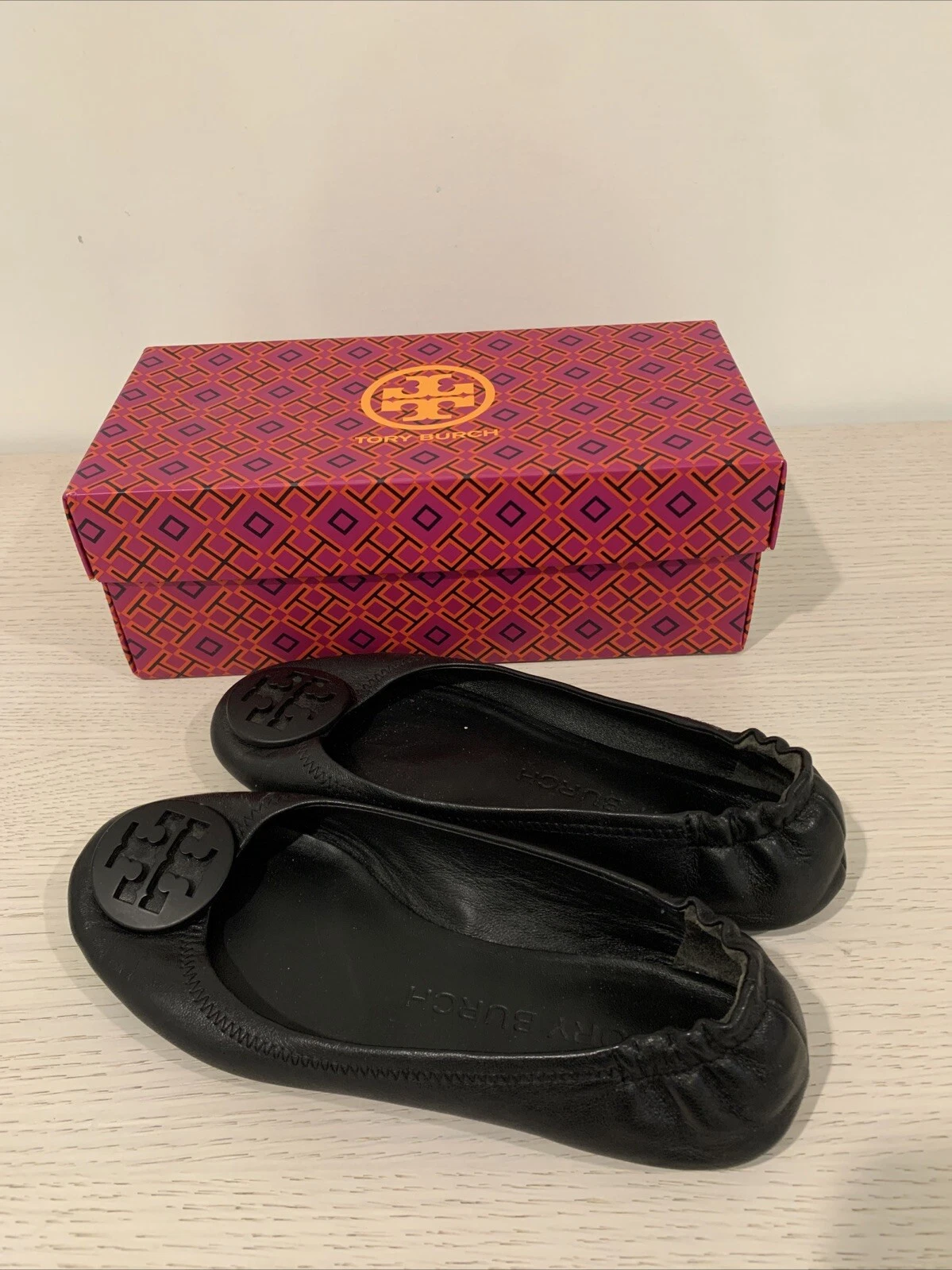 Tory Burch Minnie Travel Matte Black Leather Round Toe Ballet Flats Size 7
