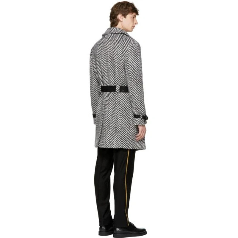 Cappotto Saint Laurent Paris bianco e nero con cintura in lana a spina di pesce Taglia 44 FW17