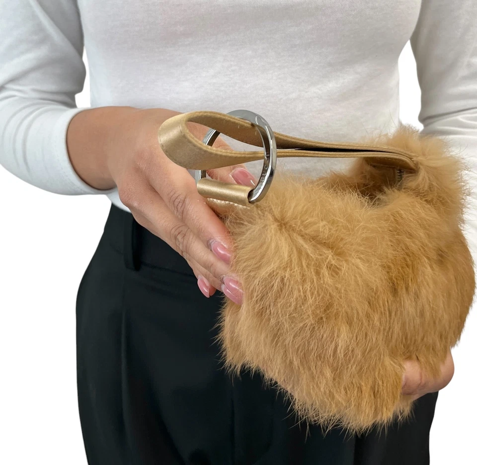 GUCCI Vintage Logo Fur Mini Bag Pochette Handbag Zip Camel Silver Silk - Image 2 of 4