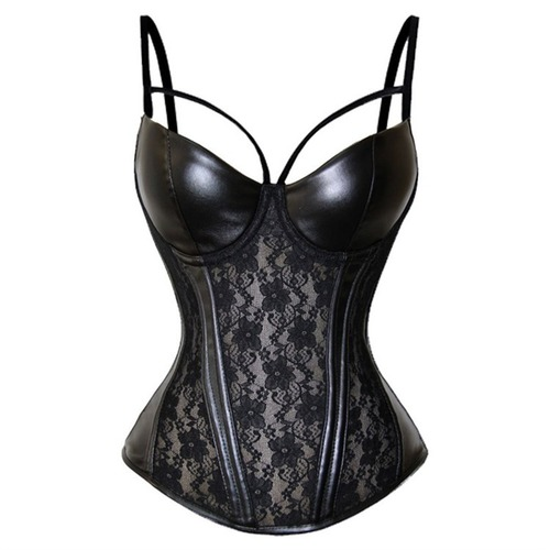 Corsetto Vestito Donna Sexy Pizzo Overbusts Bustier Corsetti Push Up Gotico Pelle PU - Foto 7 di 12