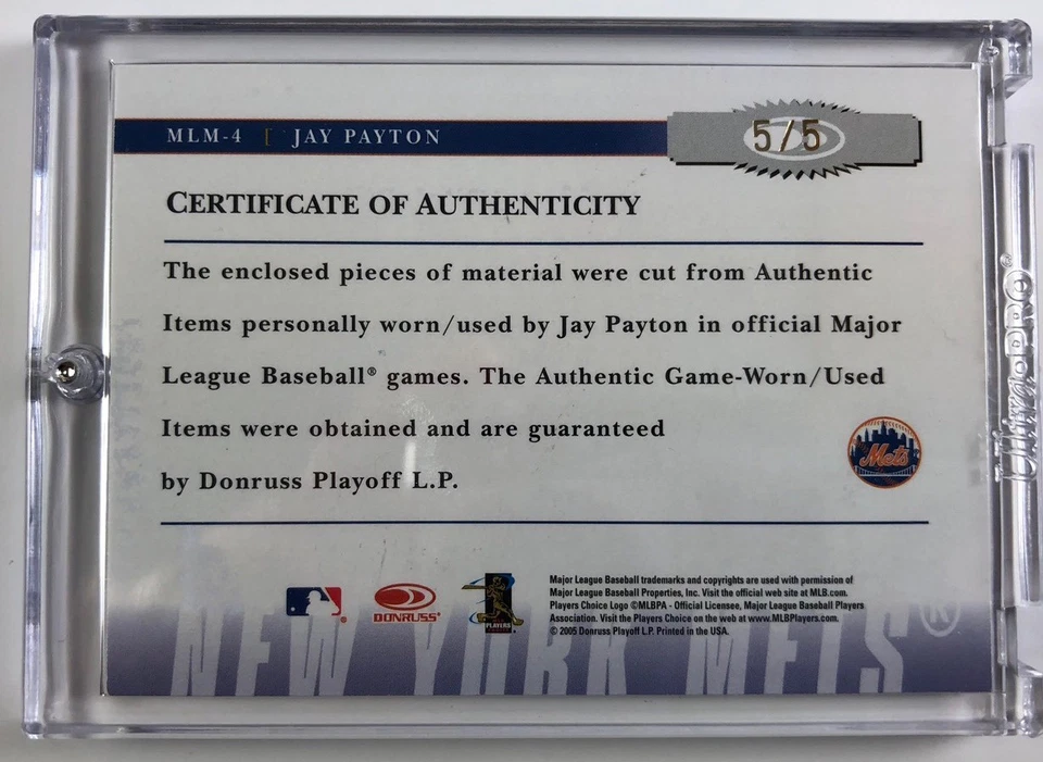 Donruss Prime Patches Jay Payton 2005 juego usado cuatro parches cuádruples - Mets 5/5 Foto 2 de 2