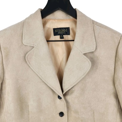 Studio I Petite Faux Suede Women's Blazer Jacket Size 14P Tan Button Up Pockets - Picture 3 of 13