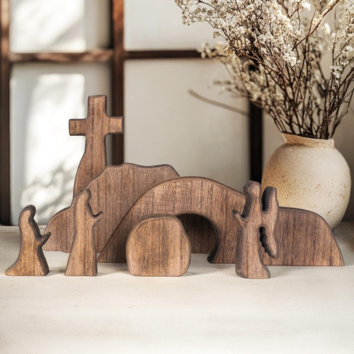 Empty Tomb Easter Scene and Cross Decoration, Wooden Easter Resurrection Scene C