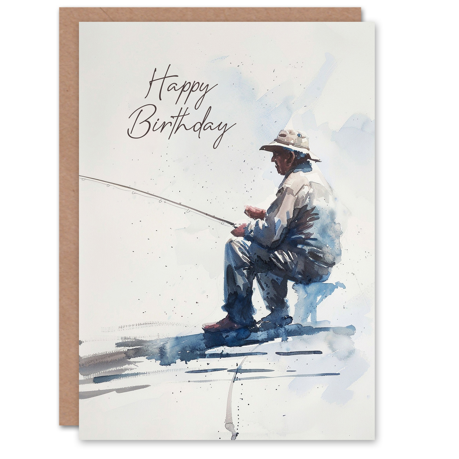 Elderly Man Fishing Soft Watercolour Portrait Birthday Card