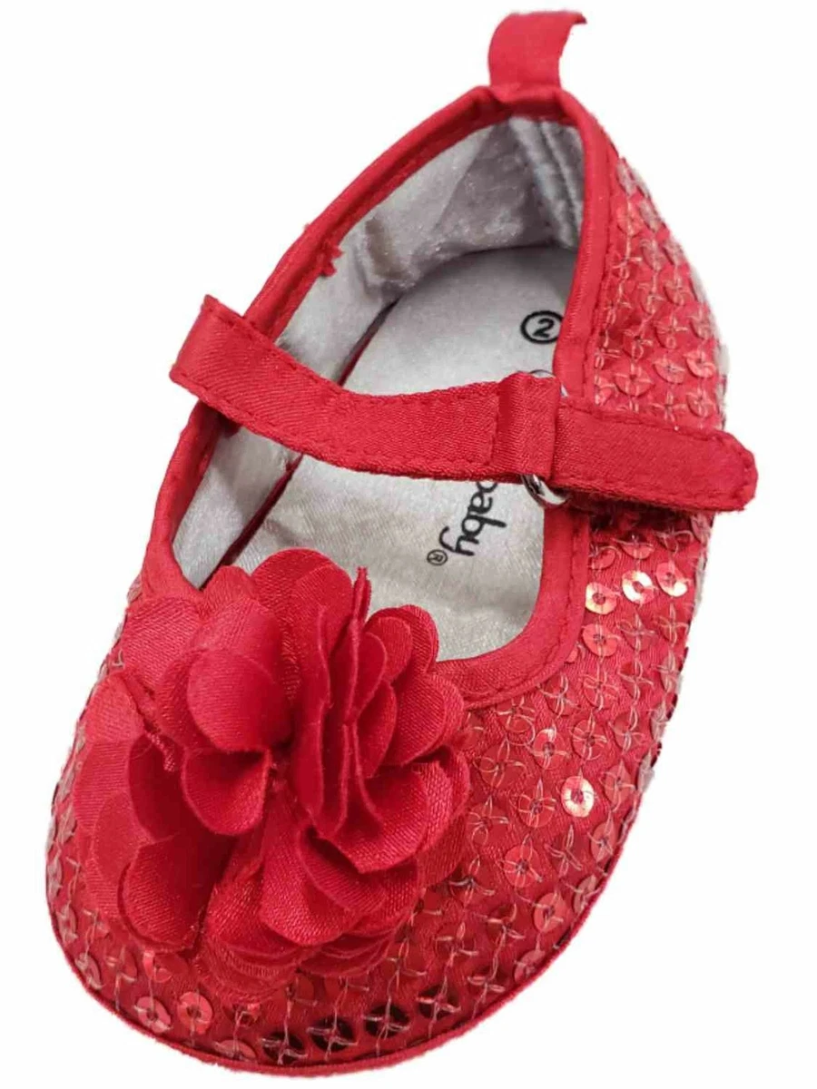 Infant Girls Red Flower Sequin Sparkle Ballet Flats Baby Shoes