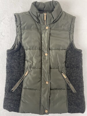 Ci Sono Puffer Vest Size Large Olive Green Wool Side Panels No Zippered Hood