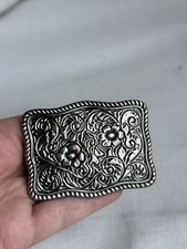 Belt Buckle Western Flower Swirl Design Ornate Rope Edge Silver Tone Made in USA