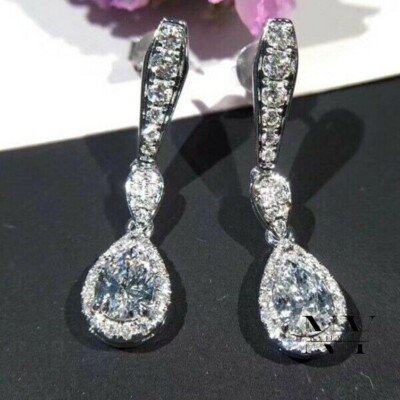 Moissanite Drop/Dangle Earrings Solid 14K White Gold Pear Cut 3 Carat For Women