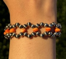 Floral Sterling Silver Orange Spiny Oyster Pearls Bead Bracelet. 7 Inch