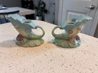 Vintage Hull Art Pottery Bow Knot Cornucopia Candle Holders Pair Blue B-17 USA