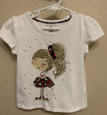 L@@K- Max Studio Girls  Shirt w/Girl in Apple Dress & Apples w/Glitter Hair 5/6