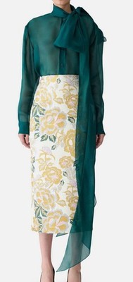 Carolina Herrera Women Green Bow Neck Organza Button Down Blouse Sz 16