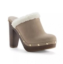 Juicy Couture Anita Fur Lined Chunky Wooden Heel Clogs Women 8.5 Beige