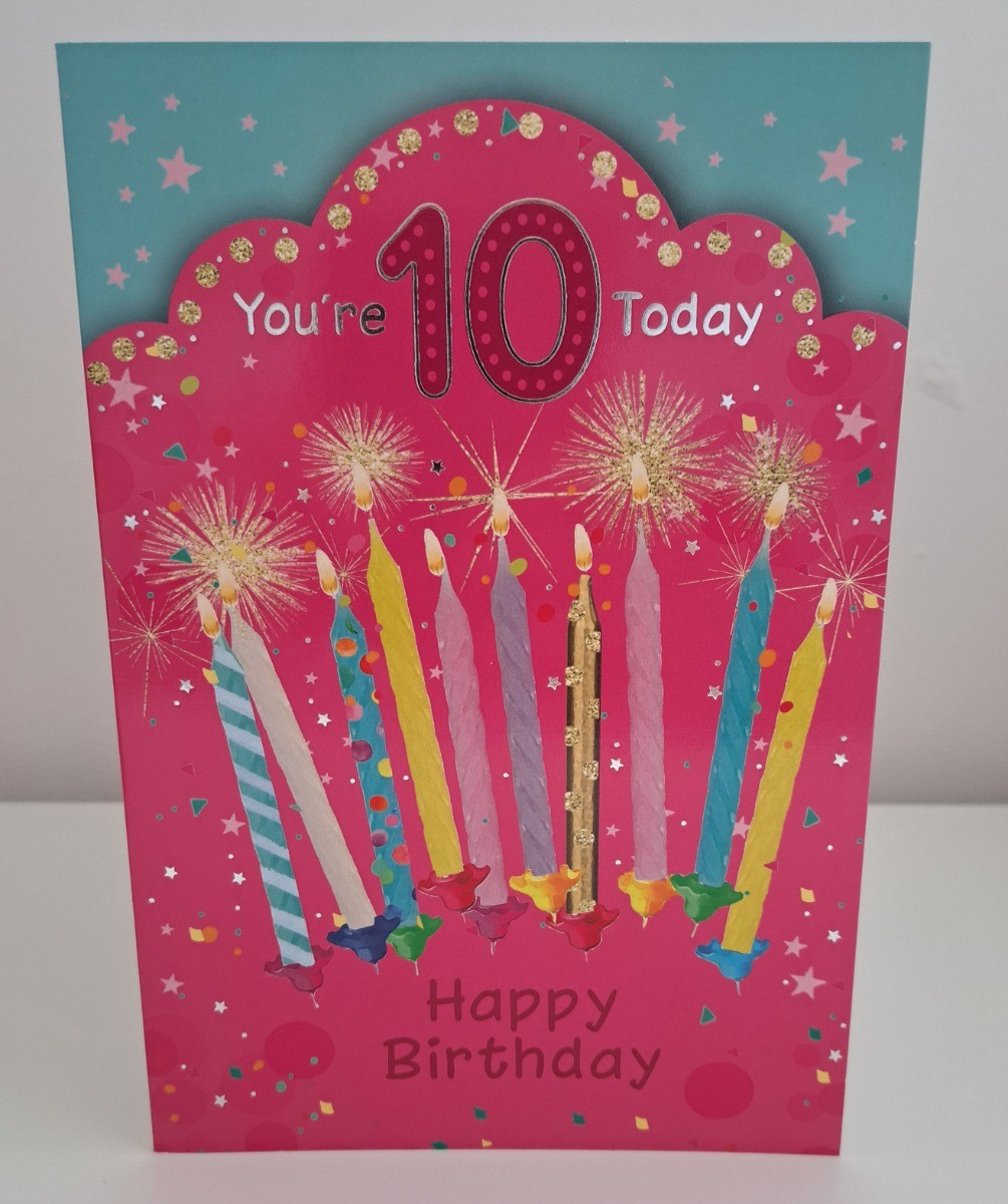 Girls 10 Today Birthday Card. Pink Candle Design. 19x13cm