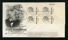 1978 FDC sc 1731 Carl Sandburg Plate Block First Day Cover Galesburg, Illinois