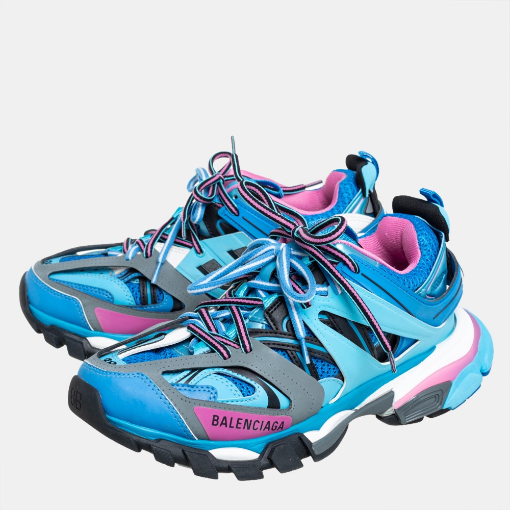 Balenciaga Blue Faux Leather And Mesh Track Sneakers Size 38
