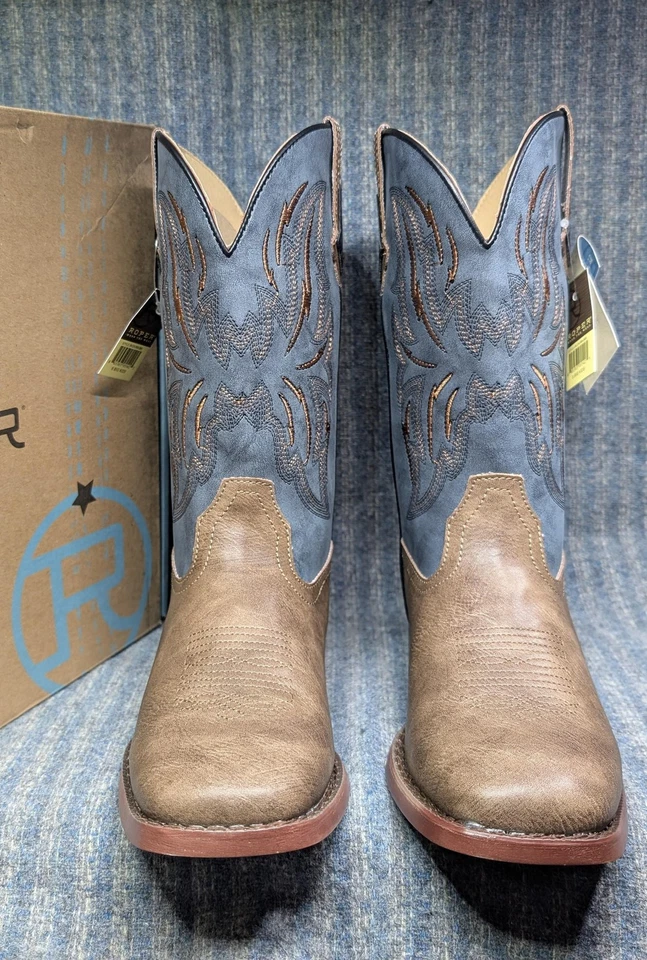 Botas Roper Dalton Niños Grandes Talla 6 Azul Tostado Western Imitación Cuero Puntera Cuadrada Nuevas Foto 2 de 4