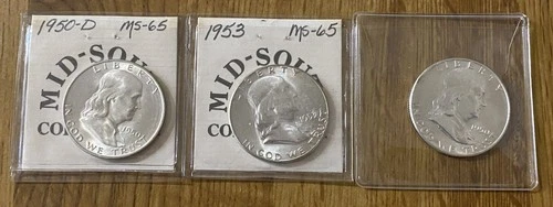 Lot of three Uncirculated Franklin Halves 90% Silver (1950P, 1950D, 1953)