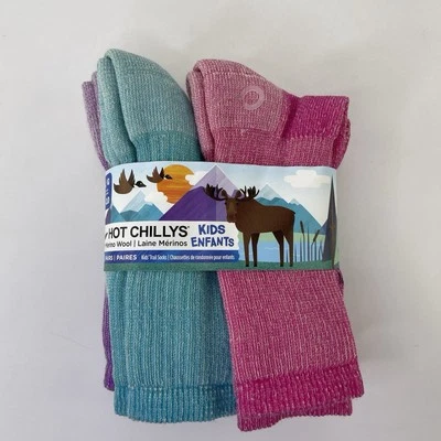 NWT HOT CHILLYS WINTER merino Wooltrail SOCKS girls Youth large (4-10) 4 Pack