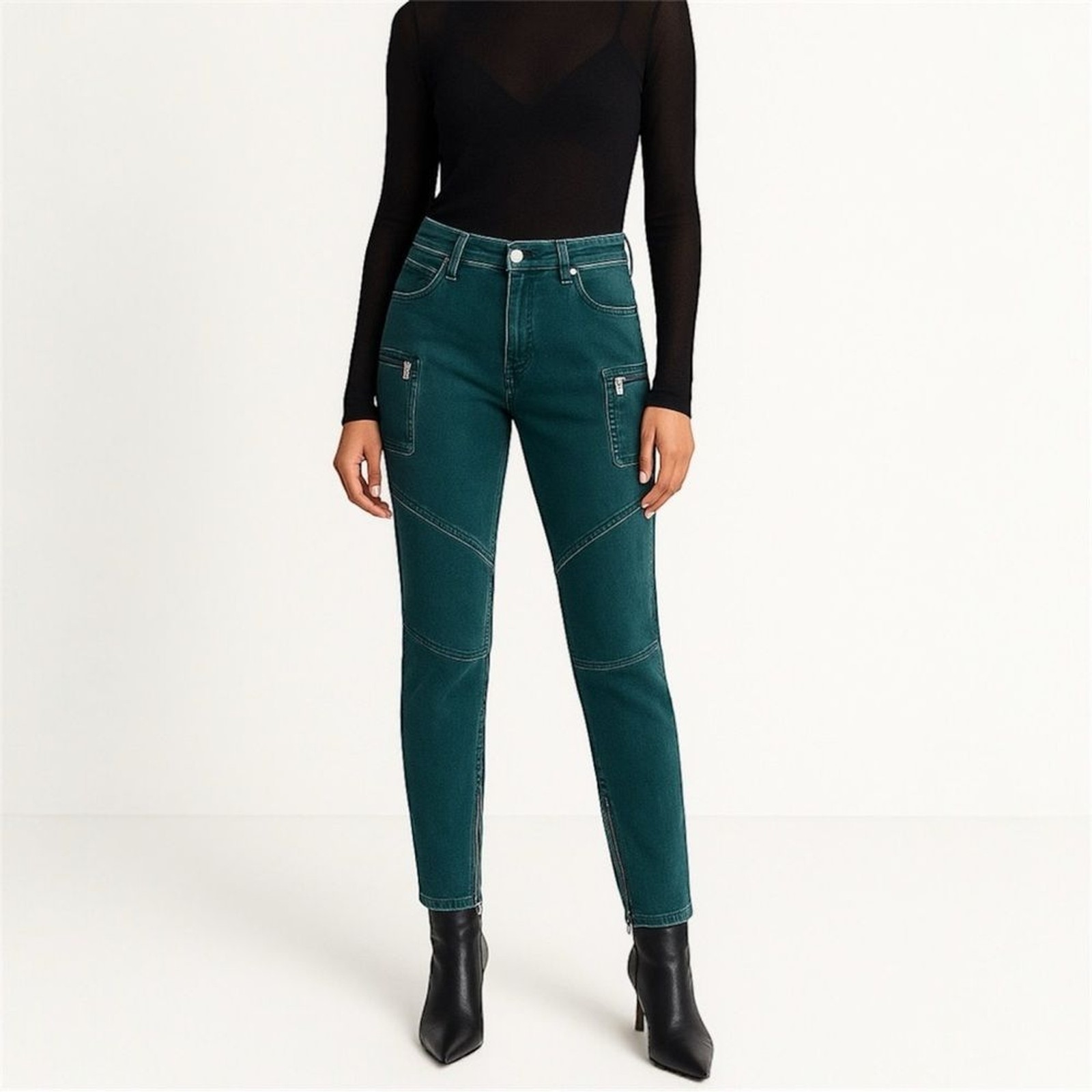 Paige Jeans Teal Denim Moto Size 29 Skinny Green Utility Zipper Cargo Pants