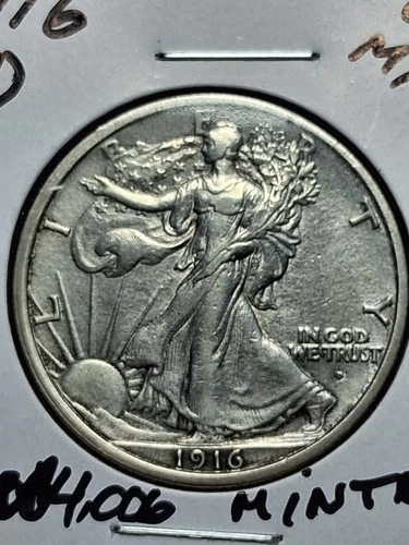 1916-D WALKING LIBERTY HALF DOLLAR. / OBV. MINT/ XF CONDITION. RARE. #1,014,000