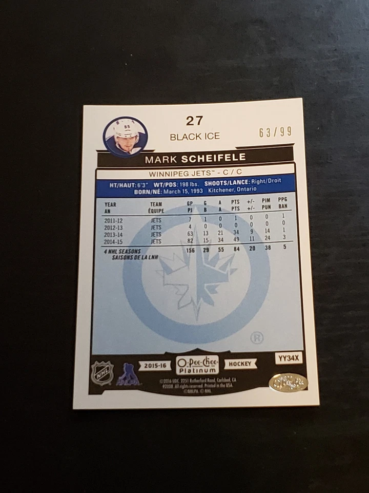 2015-2016 O-Pee-Chee Platinum Black Ice /99 Mark Scheifele #27 - Image 2 of 2