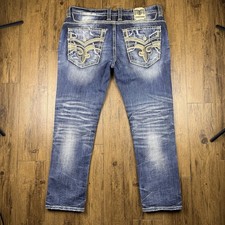 Rock Revival Jean Men 40x33 Blue Denim Tarmon Straight Embroidery Thick Stitch