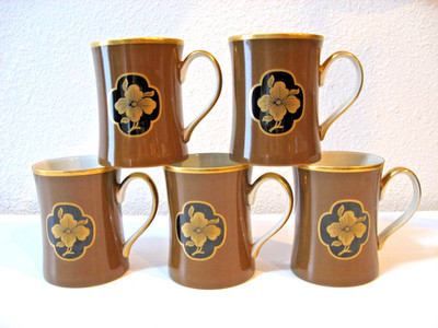 5 Fitz and Floyd Mikado Mugs Cherry Blossom Brown Gold Trim Asian 1978 VTG