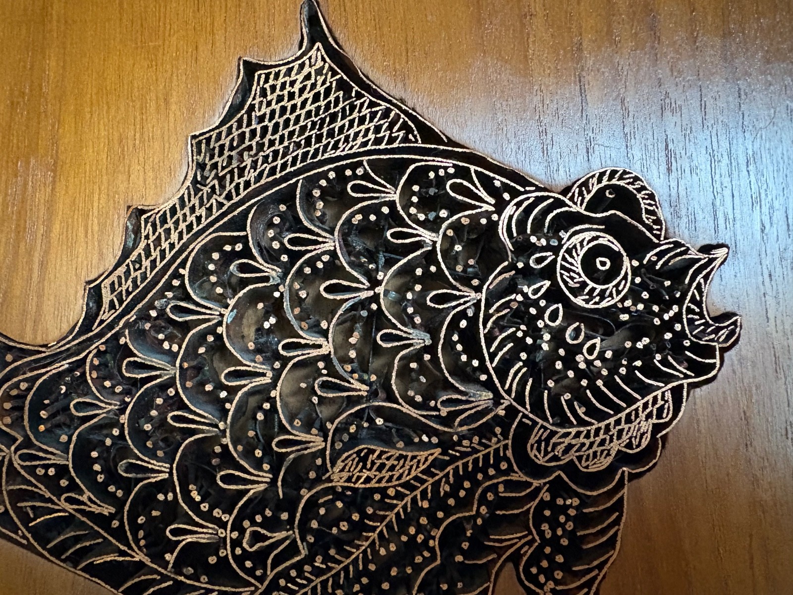 Vintage Copper Batik Tjap/Chop/Cap of Fish in Teak Indonesian Handcrafted