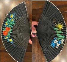 2 - Vintage Hand Painted Folding Fans Black Paper Floral Chrysanthemum Set