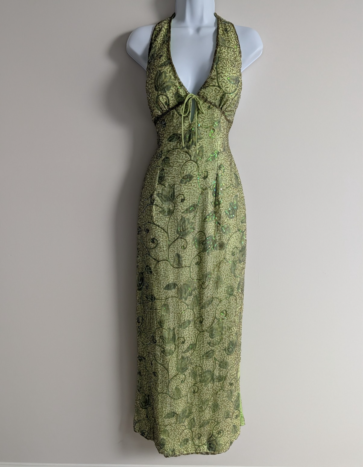 Vintage Sean Xpress Beaded Gown Womens Medium Silk Garden Fairy 90s Whimsical