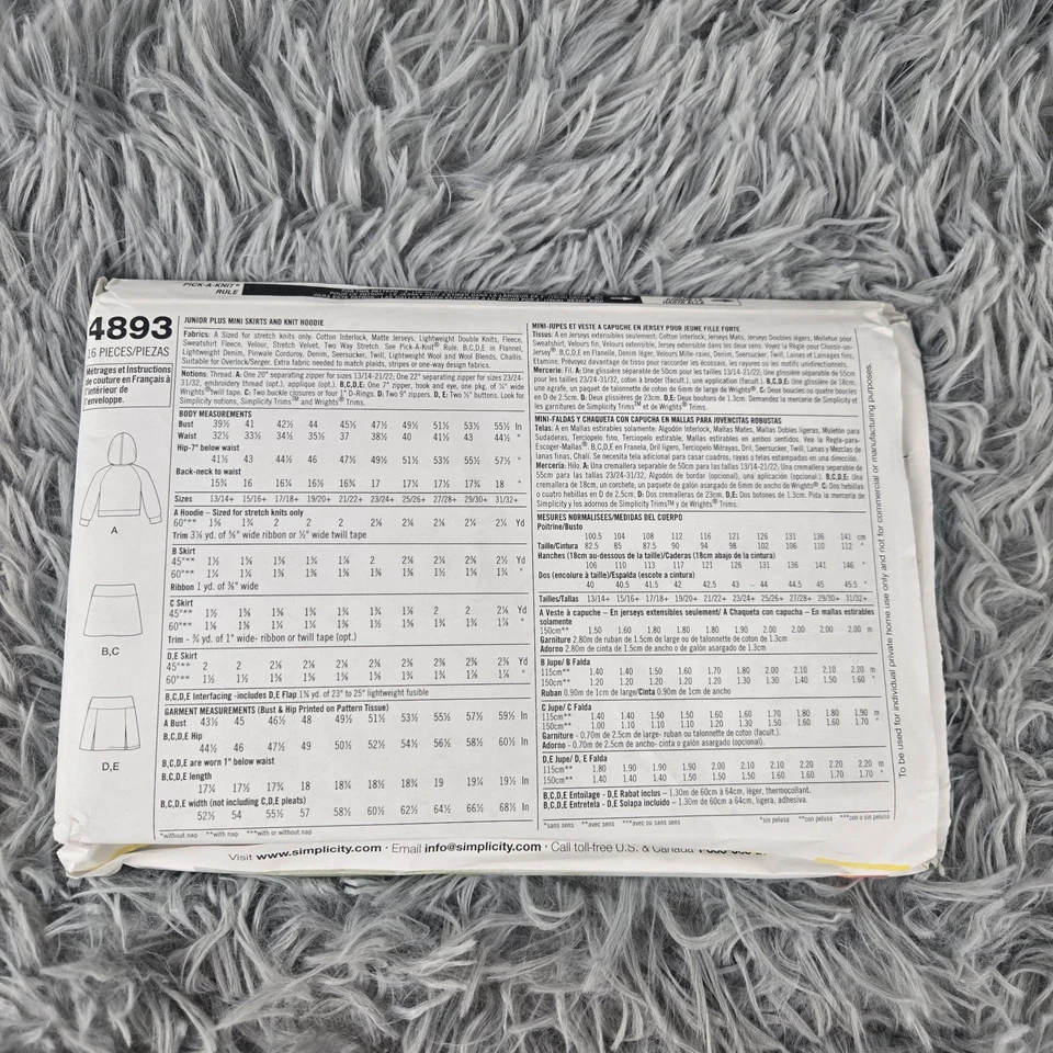 Simplicity 4893 JR. Plus Size BB 23/24-31/32 Mini Skirts & Hoodie Sewing Pattern - Image 4 of 4