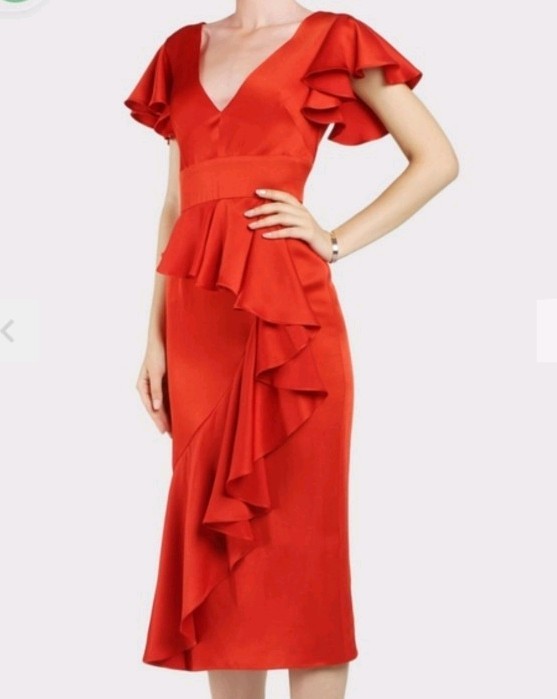 Temperley London Tomato Red Satin Ruffle Sheath Midi Flutter Sleeve US 10