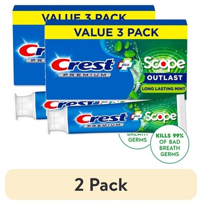 2 pack) Crest Toothpaste,Scope Outlast Fluoride Toothpaste, Mint, 5.2 oz, 3 pack
