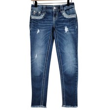 Miss Me Jeans Ankle Skinny Distressed Embellished Rhinestone Bootcut Womens 25
