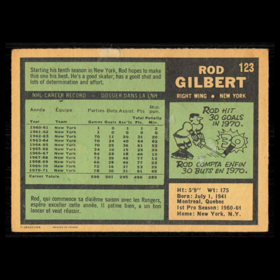 Rod Gilbert #123 1971 O-Pee-Chee New York Rangers Hockey Card NHL EX - Image 2 of 3