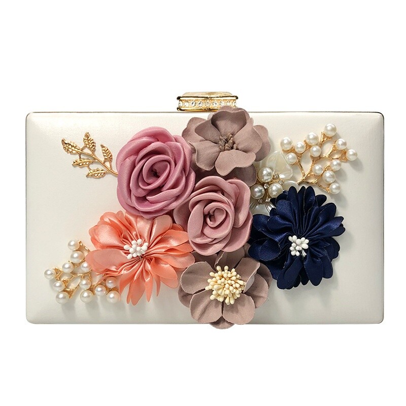 1x Women Satin Flower HandBag Dinner Clutch Pearl Beaded Purse Wedding Prom Chic