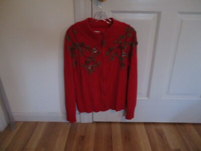Coldwater Creek M Cardigan Full Zip Up Sweater Birds Pine Branch Red Embroidery