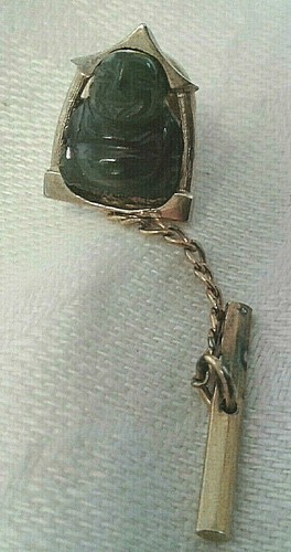 Vintage Anson Set of Gold Tone and Jade(?) Buddha Cuff Links and Tie Pin - Picture 7 of 8
