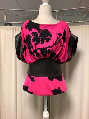 Leonard Paris Floral Fuchsia Silk Black Leather Trim Top Waisted 