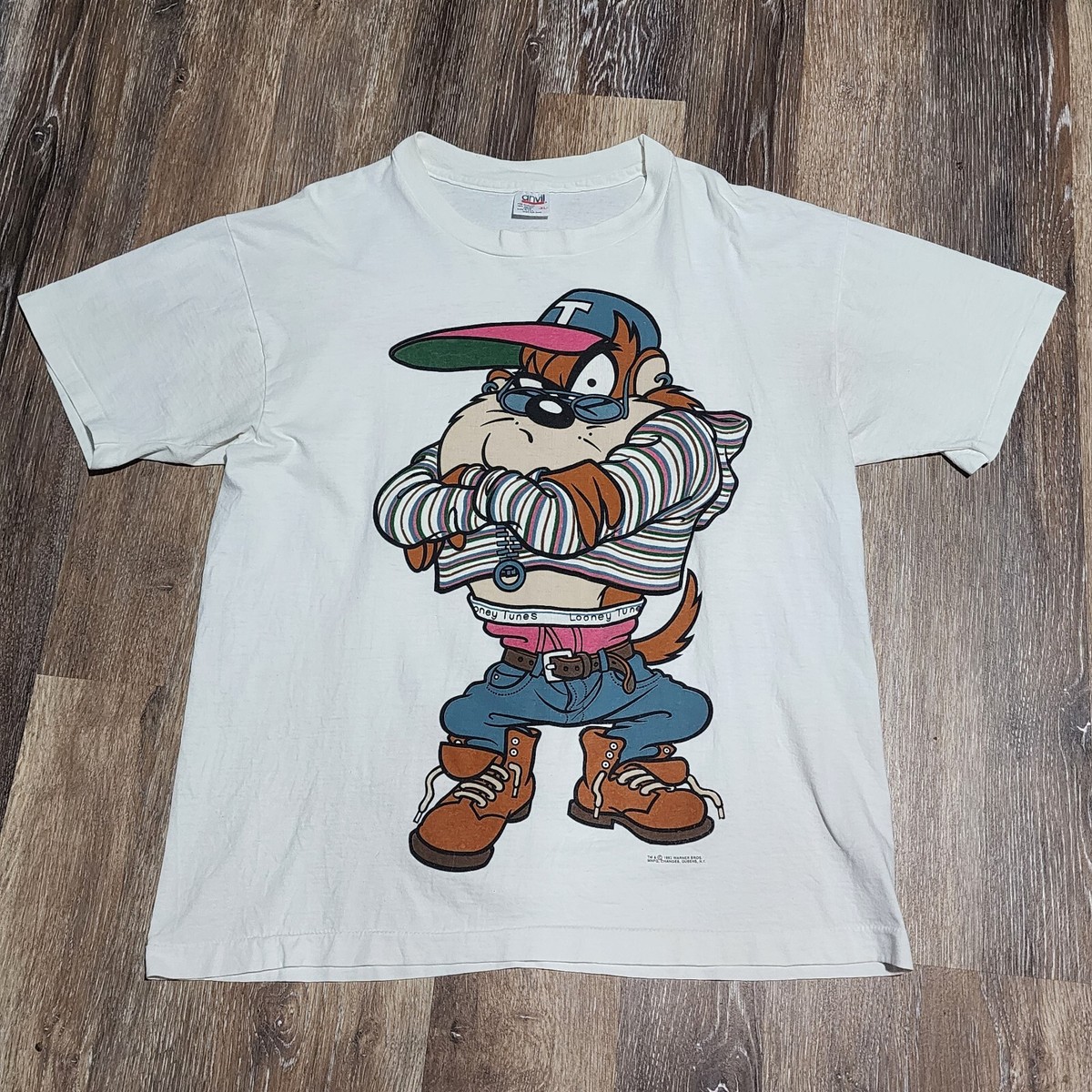 VTG 90s Taz Baggy Pant Dual Sided Single Stitch Anvil Shirt Looney