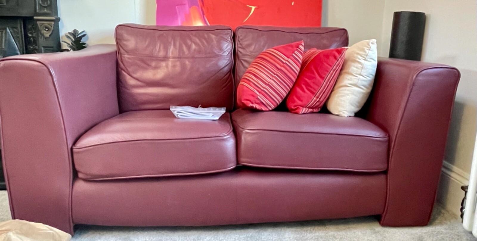 Red leather sofa x2 eBay