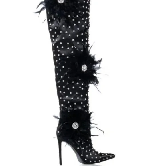 AZALEA WANG " TOP TIER " Size 11: BLACK or FUCHSIA SATIN FEATHER FLOWER BOOTS - Image 2 of 4