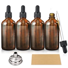 4 Pack 100Ml Dark Amber Dropper Bottles with1 Funnels &4 Labels 3.4Oz Brown Glas