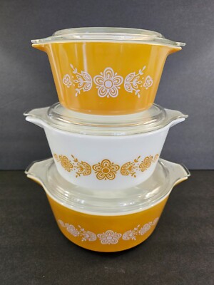 VTG Pyrex BUTTERFLY GOLD CASSEROLE Set Of 3 w/ GLASS LIDS 473, 474-B, 475-B MINT