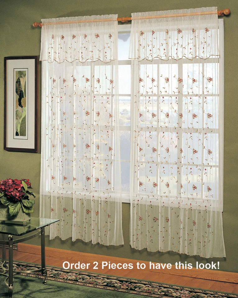 Panel Cortina Ventana Floral Rosa Encaje Bordado Creativo Lino Beige 1 Pieza Foto 2 de 3